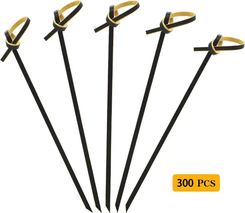 Miniatura 3 de 300 púas de cóctel de bambú de 4.7 pulgadas con nudo en bucle, color natural, para fiesta de cóctel, barbacoa, sándwiches de club (negro, 300 piezas)