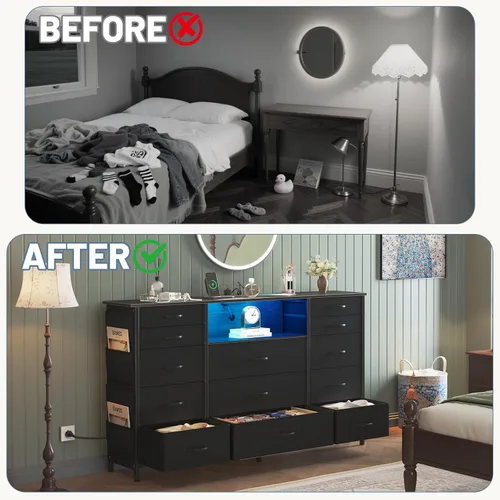 Miniatura 8 de HCHQHS Cómoda de 47 pulgadas para dormitorio con 13 cajones, bolsillos laterales, ganchos y luces con control remoto, pasillo, armario, cocina, Negro