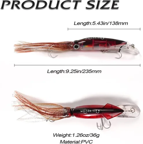 Miniatura 3 de Wondersee Kit de Señuelos de Pesca de Calamar Suaves y Duros Swimbait Crankbait Jig de Simulación Pesado Holográfico 4 PCS Rojo y Negro
