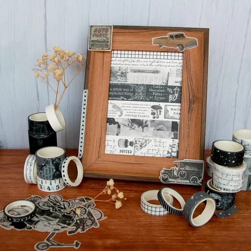 Miniatura 5 de Juego de 20 rollos de cinta washi vintage y 30 calcomanías retro negras, cinta adhesiva estética floral ancha para suministros de álbumes