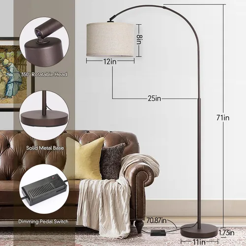 Miniatura 2 de Lámparas de pie arqueadas para sala estar, con regulador de iluminación y pantalla ajustable, antigua, campestre y alta, para leer en sofá y Marrón