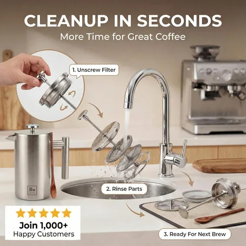 Miniatura 6 de Barista Warrior Prensa francesa con termómetro, prensa de café aislada, cafetera de acero inoxidable (1.0L, 34 onzas líquidas, plateado)