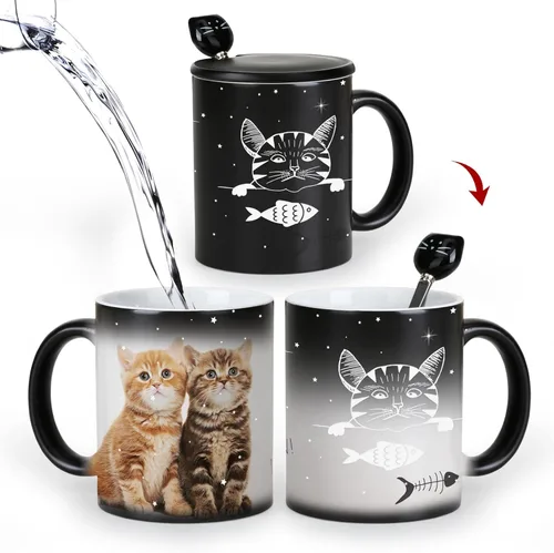 Miniatura 9 de Tazas únicas para gatos, tazas de café que cambian de color de 11 onzas – The Fish is Delicious – Taza de Halloween con tapa negra y cuchara