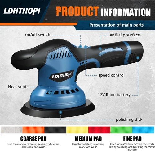 Miniatura 4 de Pulidora inalámbrica, 12 V 2000 mAh, batería de doble acción, 8 velocidades variables, 2600-6000 OPM para detalles de automóvil, barco, pared, piso