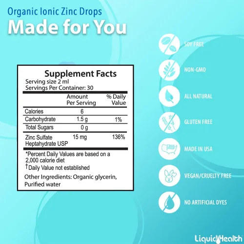Miniatura 5 de LIQUIDHEALTH USDA Orgánico Zinc Iónico Gotas de Alta Potencia - Suplemento Vitamínico Líquido de Minerales Traza para Adultos, Niños - Apoyo