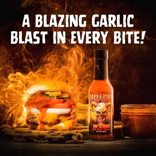 Miniatura 8 de Hellfire Hot Sauce Infierno De Ajo Rojo - Salsa picante gourmet de salsa roja con ajo y pimientos Carolina Reaper, 5 onzas