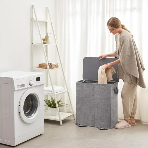 Miniatura 6 de Lifewit Cesta doble para la ropa sucia con tapa y bolsas de lavandería extraíbles, gran plegable, 2 divisores, cesta de ropa sucia con asas para Gris