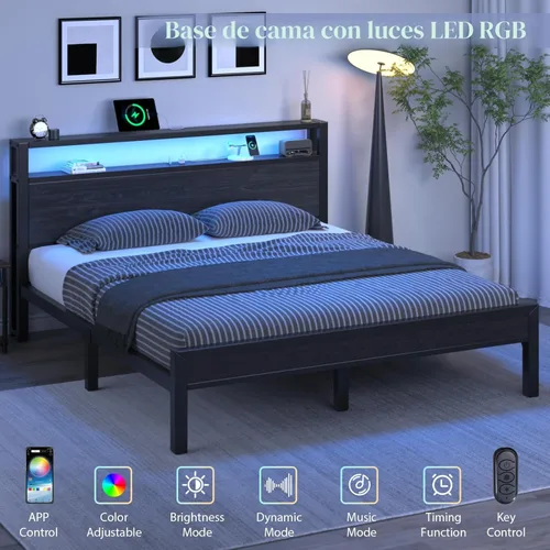 Miniatura 5 de Marco de cama tamaño completo con cabecera de almacenamiento, cama plataforma industrial con estación de carga y luces LED, listones de metal Negro
