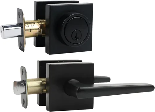 Juego de cerrojo y pomo de puerta, juego de cerraduras de puerta exterior con cerrojo de seguridad, pomos cuadrados para puertas exteriores y