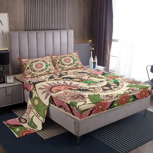 Juego de sábanas de sol vintage con bolsillo profundo, sábana bajera ajustable para niños, diseño floral botánico, juego de ropa de cama con patrón