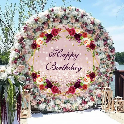 Miniatura 4 de Telón de fondo redondo de cumpleaños de 3 x 3 pies, diseño de flores burdeos Bokeh, manchas de fondo de fotografía, para mujeres y niñas, 16, 30