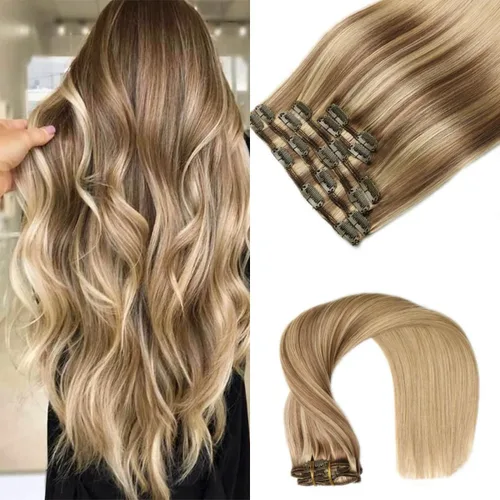 VINBAO Extensiones de cabello humano con clip, balayage, color marrón ceniza a rubio caramelo, 14 pulgadas, 6 unidades, 3.53 onzas, 6 unidades,