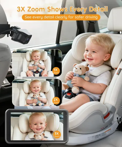 Miniatura 4 de Babyvue BC1 - Cámara de coche para bebé, pantalla HD 1080P de 4.5 pulgadas y zoom 3X, monitor de bebé automático de visión nocturna IR con brillo