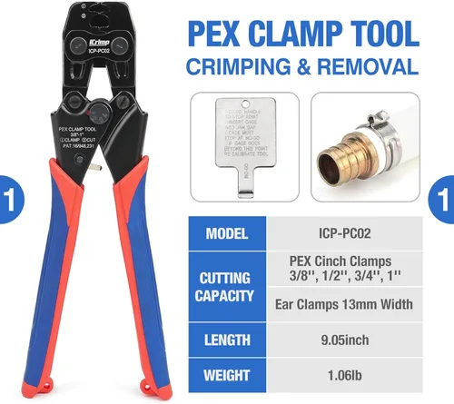 Miniatura 2 de iCrimp PC-PC02KIT PEX Kit de herramientas de engarce con abrazadera PEX de 1/2 pulgada (paquete de 20) y 3/4 pulgadas (10 unidades) de anillos