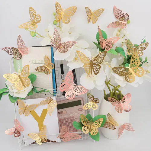 Miniatura 7 de 72 piezas de decoración de pared de mariposa, 3 estilos, 3 tamaños, mariposa 3D, mariposa dorada y oro rosa, decoraciones de boda, decoraciones