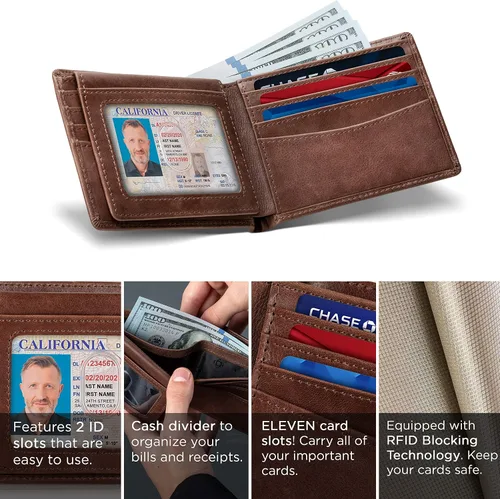 Miniatura 30 de SERMAN BRANDS Billetera de piel con 2 ventanas de identificación para hombre, con bloqueo RFID, doble tapa superior, billetera de viaje de capacidad