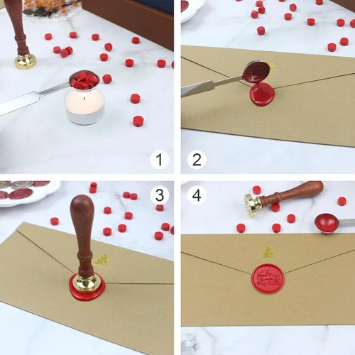 Miniatura 3 de Kit de sellos de cera de Navidad, sellos de cera de Navidad con mango de madera, 120 cuentas de sello de cera, cuchara para derretir cera y velas