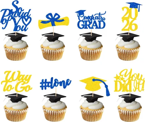 Miniatura 14 de Decoraciones de graduación 2026 azul, adornos para cupcakes de graduación 2026 azul y negro, suministros de decoración para cupcakes clase de 2026