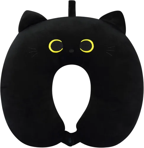 Almohada cervical de viaje para niños y adultos, linda almohada de viaje para niños con gato negro, almohada de cuello de dibujos animados para