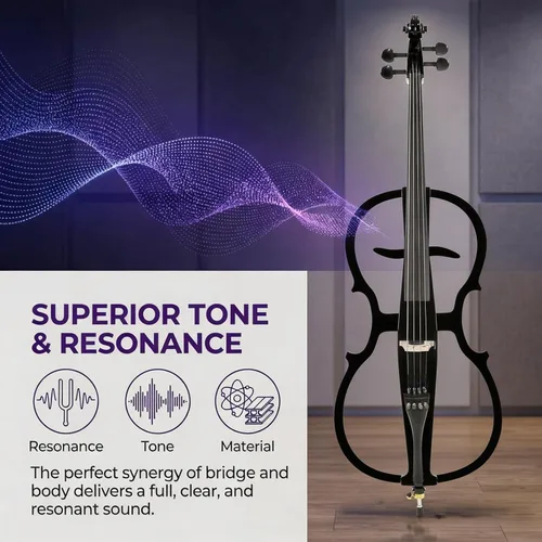 Miniatura 8 de Violonchelo eléctrico 4/4 de tamaño completo con bolsa ligera para violonchelo, auriculares, arco, puente, colofonia, violonchelo para adultos