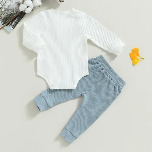 Miniatura 7 de Ropa de bebé recién nacido, ropa de punto acanalado, manga larga, pantalones de algodón sólido, trajes de otoño e invierno, 2 piezas