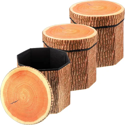 Amylove Paquete de 3 taburetes de almacenamiento de tocones de árbol, taburete otomano de 12 x 12 pulgadas, bonita caja de juguetes plegable con