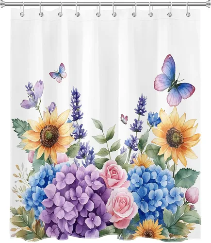 Miniatura 2 de LB Cortina de ducha de hortensias azules para baño, cortina de ducha rústica de girasol amarillo botánico y lavanda púrpura con ganchos, cortina