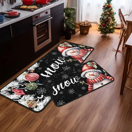 Miniatura 3 de Juego de 2 alfombras y tapetes de cocina navideños de muñeco de nieve negro y copo de nieve, decoración del hogar de invierno, tapete de piso