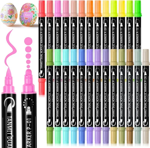 TANMIT Marcadores de pintura acrílica de 26 colores, rotuladores de pintura acrílica de doble punta para pintura de rocas, papel negro, madera,
