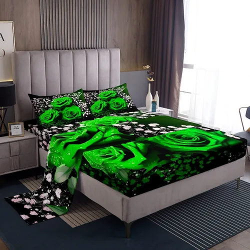 Miniatura 15 de Juego de sábanas femeninas de flores de rosas rojas, tamaño individual, juego de ropa de cama para el día de San Valentín, decoración de habitación