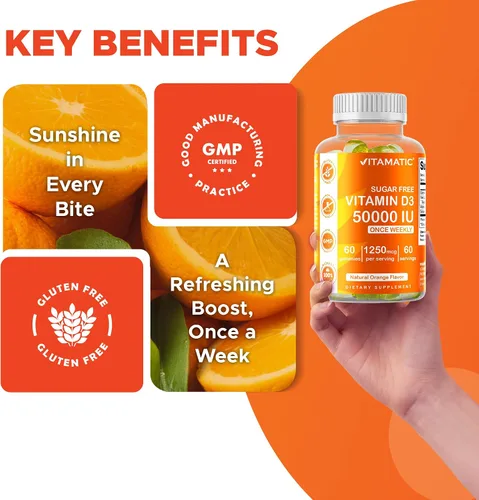 Miniatura 5 de Vitamatic Suplemento semanal de vitamina D3 sin azúcar de 50,000 UI - 60 gomitas a base de pectina Vitamina D de alta potencia para huesos, dientes