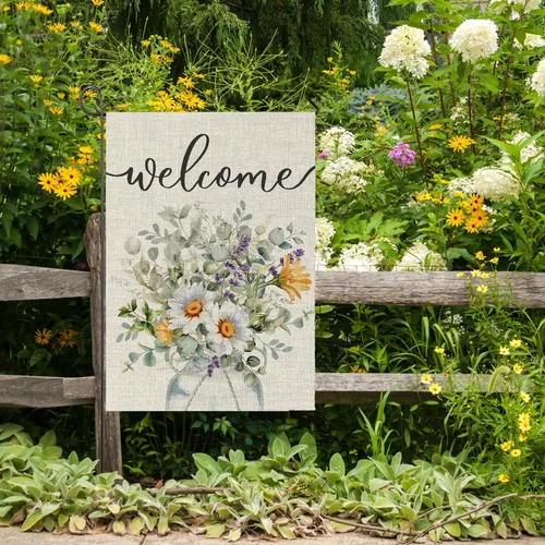 Miniatura 7 de Banderas de jardín de flores de bienvenida para exteriores, decoración de jardín de margaritas en acuarela de primavera, decoración pequeña