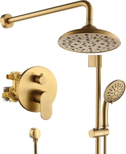 MONDAWE Sistema de ducha montado en la pared de 8 pulgadas, cabezal de ducha de lluvia con 3 ajustes de espray de mano en oro cepillado para baño