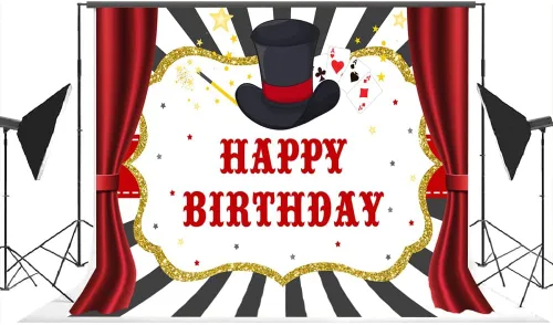 Miniatura 4 de Lofaris Telón de fondo de 7 x 5 pies con espectáculo mágico de feliz cumpleaños para niños y niñas, cortinas rojas de mago, decoración de baby
