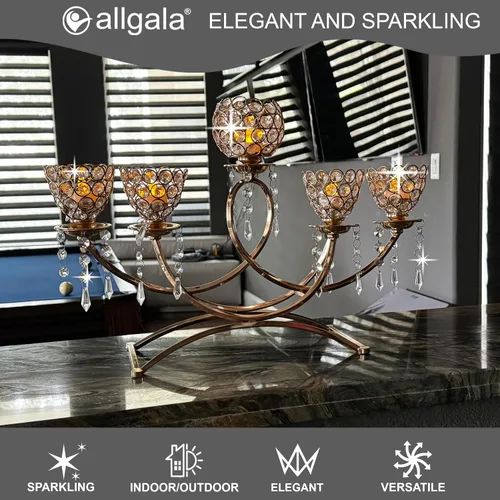 Miniatura 4 de Allgala Portavelas de cristal brillante de 5 brazos con taza en forma de tulipán para bodas, comedores, fiestas, centros de mesa se adapta a velas