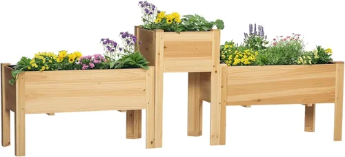 Miniatura 19 de Outsunny Cama de Jardín Elevada con 3 Jardineras, Soporte de Plantas de Madera con Orificios de Drenaje, para Verduras, Hierbas y Flores, Gris
