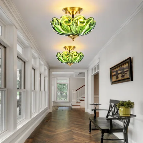 Miniatura 2 de Lámpara de techo moderna semiempotrada, 3 luces doradas para cerca del techo con pantalla de vidrio verde para sala de estar, entrada, dormitorio