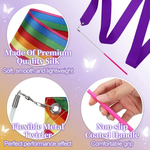 Miniatura 5 de PAMASE Cintas de baile – 16 paquetes de varitas de cinta con asas antideslizantes para regalo de niñas, gimnasia rítmica de 6.6 pies, bailarín, arco