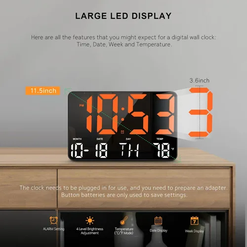 Miniatura 2 de Hournor Reloj de pared digital con control remoto, reloj digital, reloj LED de pantalla grande, relojes de pared grandes, color naranja