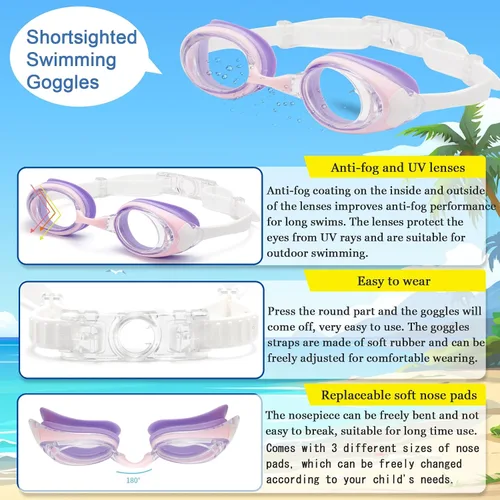 Miniatura 5 de Gafas de natación miopes para niños -2.0D a -5.0D, gafas de natación antiempañamiento miopes sin fugas, aptas para 4 a 14 años Púrpura