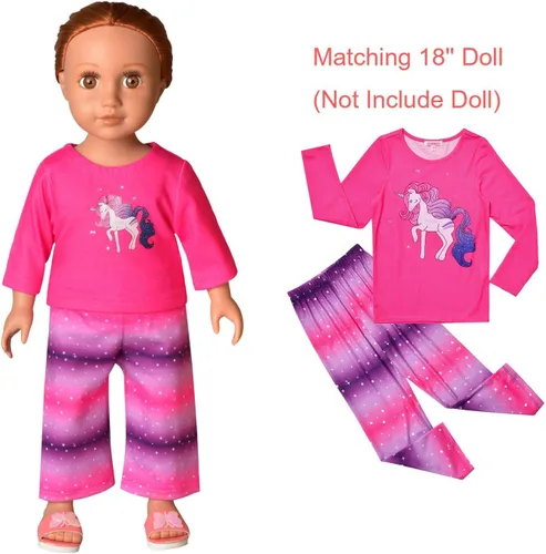 Miniatura 64 de QPANCY Conjunto de pijamas a juego para niñas y muñecas, pijamas de manga larga para otoño e invierno
