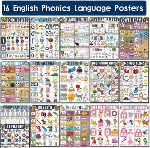 Miniatura 2 de 16 tablas de sonido para la clase de fónica de las artes del lenguaje para niños, aprendizaje de vocales para niños pequeños, pósters de fónica