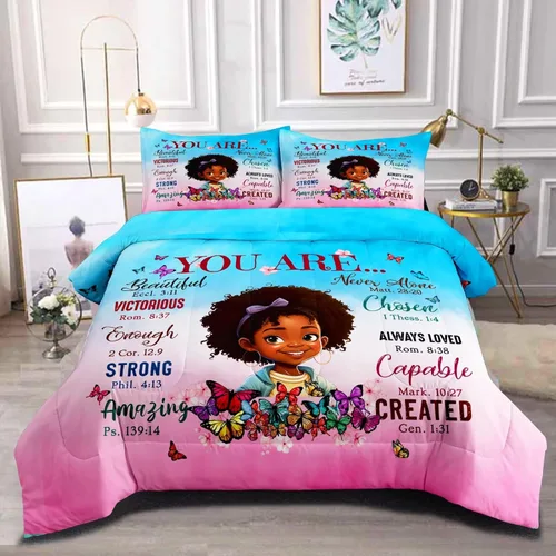 Miniatura 10 de Juego de edredón de niña negra tamaño individual para niños, juego de ropa de cama mágica para niñas negras, edredón de Christan inspirador