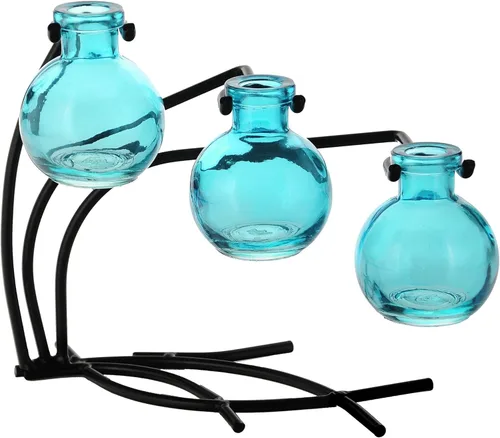 Couronne Company M504-200-09 Casablanca Tres jarrones de vidrio reciclado y soporte de metal, 7 1/2", aguamarina, 1 pieza
