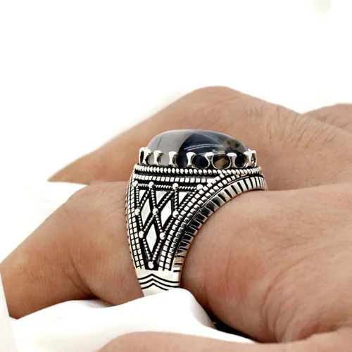 Miniatura 4 de Anillo de plata de ley 925 maciza para hombre, piedra de ónix oceánico, anillo punk de alta joyería estilo turco