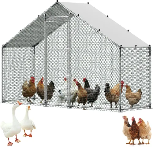 Miniatura 24 de VEVOR Gallinero de metal grande con paso, 13.1 x 9.8 x 6.5 pies para patio con cubierta impermeable, jaula grande para aves de corral