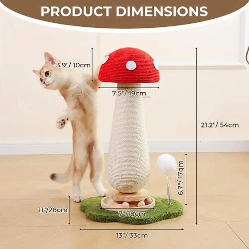 Miniatura 2 de Poste rascador de hongos para gatos con pista interactiva de bolas de resorte para gatos, árbol rascador de sisal de 21.2 pulgadas para gatos de Rojo