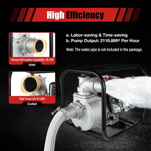 Miniatura 6 de Bomba de agua portátil con motor de gasolina de 7.5 HP 3KW 3600-Rpm de 3 pulgadas, caudal de 60m3/h Bomba de transferencia de agua semi-basura