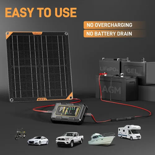 Miniatura 6 de SUNAPEX Cargador Solar de Goteo de 12V 30 Vatios Mantenedor con Controlador MPPT - Cargador de Batería Portátil Impermeable Alimentado por Energía