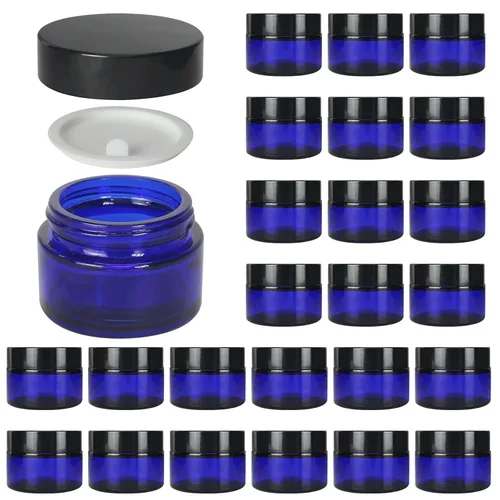 Paquete de 24 tarros cosméticos redondos de vidrio azul de 1 onza con revestimientos interiores y tapas negras, tarros de vidrio de viaje,